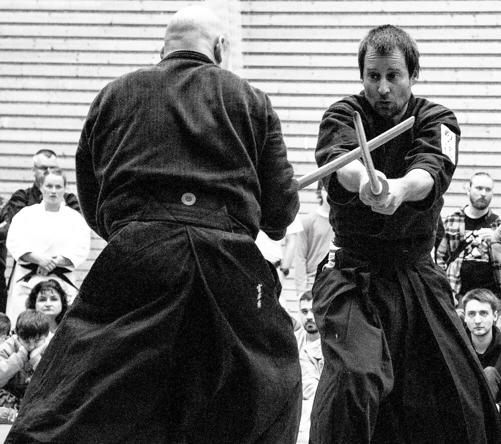 Ukázka Hiko-ryu před diváky — práce s dřevěnými meči