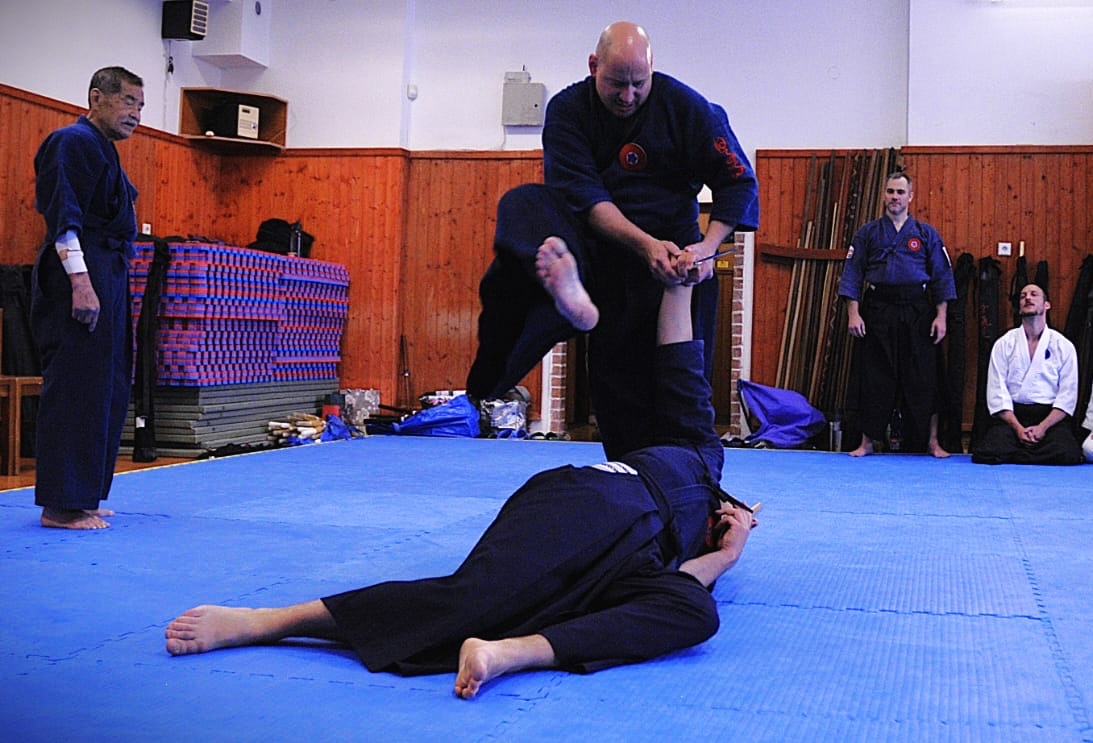 Ukázka Hiko-ryu Taijutsu v dojo — páka na noze
